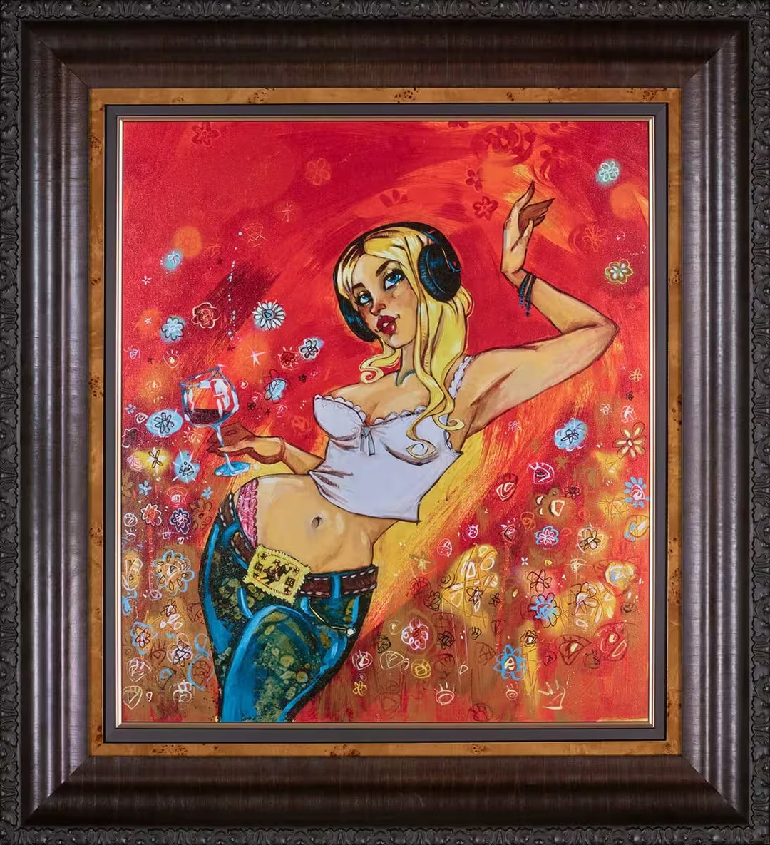 A Todd White framed limited edition piece of a blonde woman with headphones on and drinking wine, the title is Paper Tiger