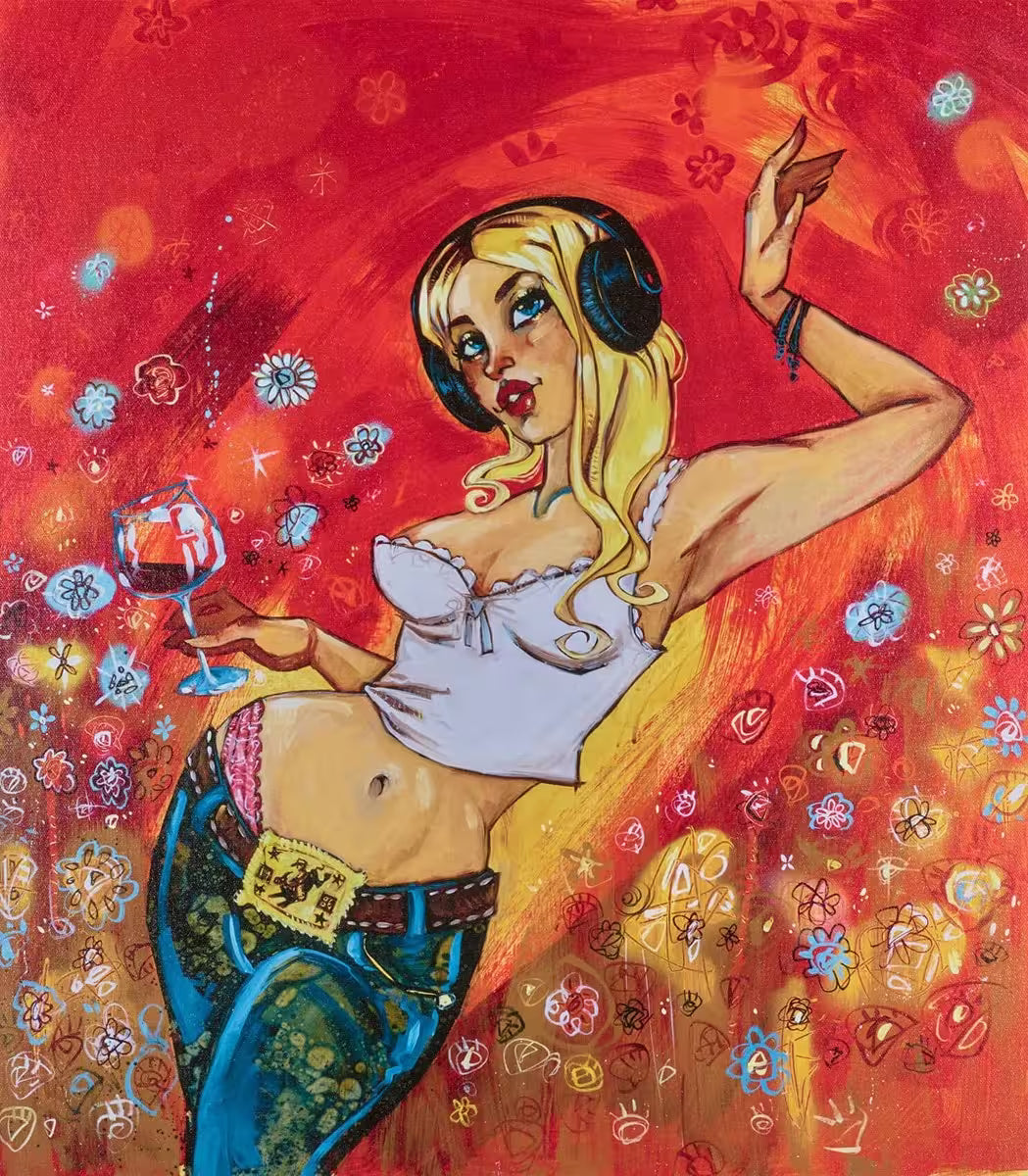 A Todd White limited edition piece of a blonde woman with headphones on and drinking wine, the title is Paper Tiger