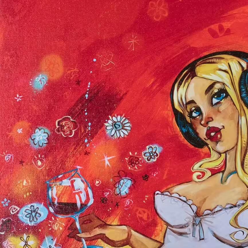 A Todd White limited edition piece of a blonde woman with headphones on and drinking wine, the title is Paper Tiger