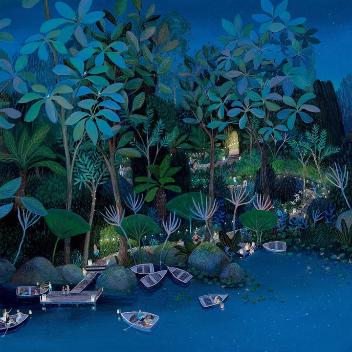 A Jenni Murphy limited edition of a forest at night and people walking along a lit up boardwalk, the title is Party In The Forest