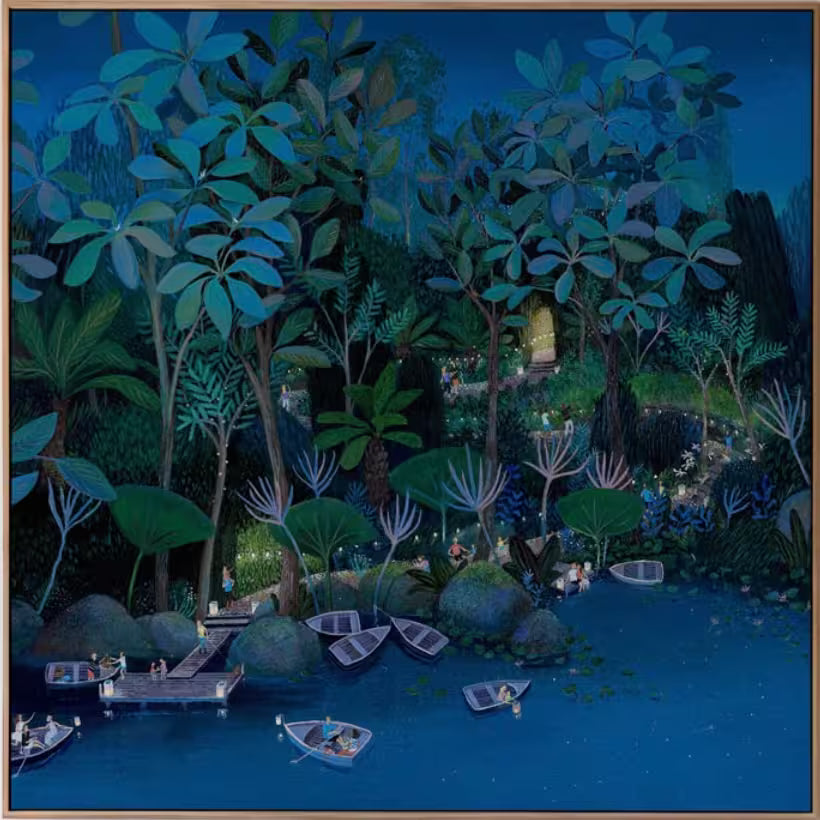 A Jenni Murphy limited edition of a forest at night and people walking along a lit up boardwalk, the title is Party In The Forest