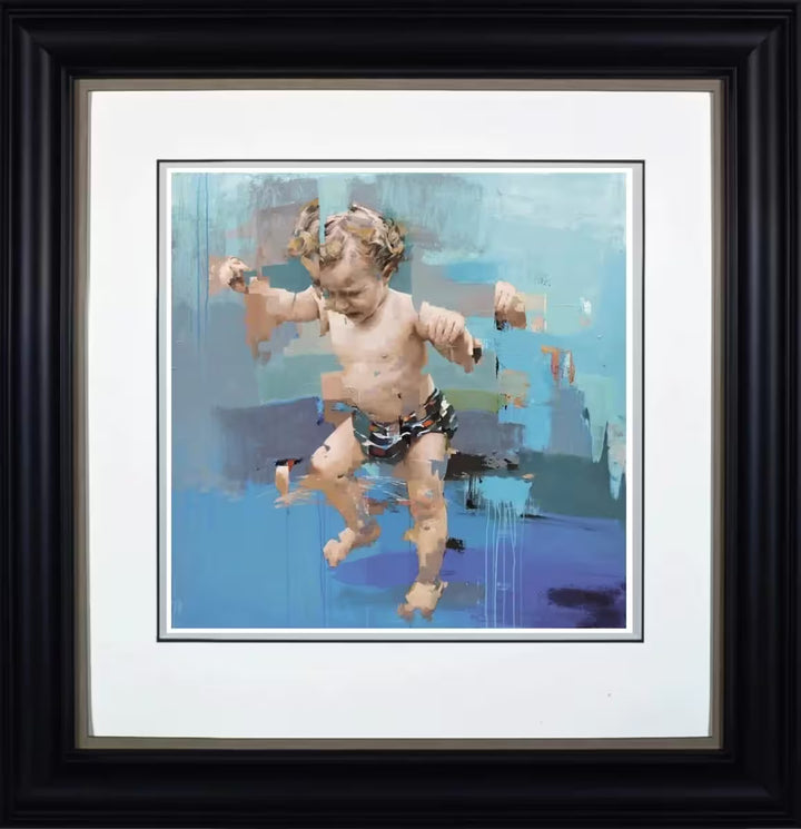 A framed limited edition piece by Christian Hook of a small child against a blue background as if it is swimming, the title is Pasos