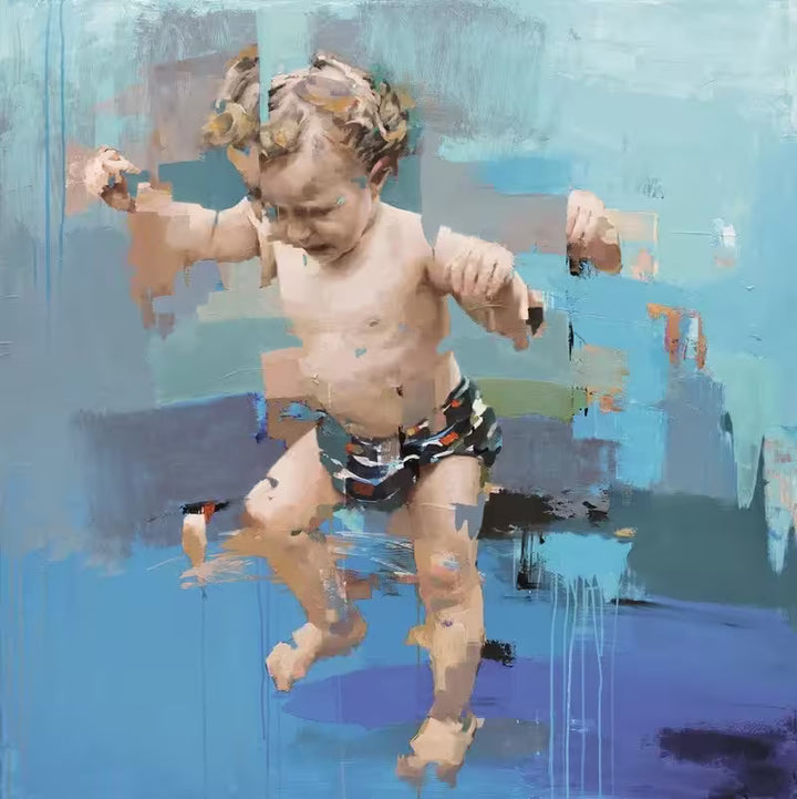 A limited edition piece by Christian Hook of a small child against a blue background as if it is swimming, the title is Pasos