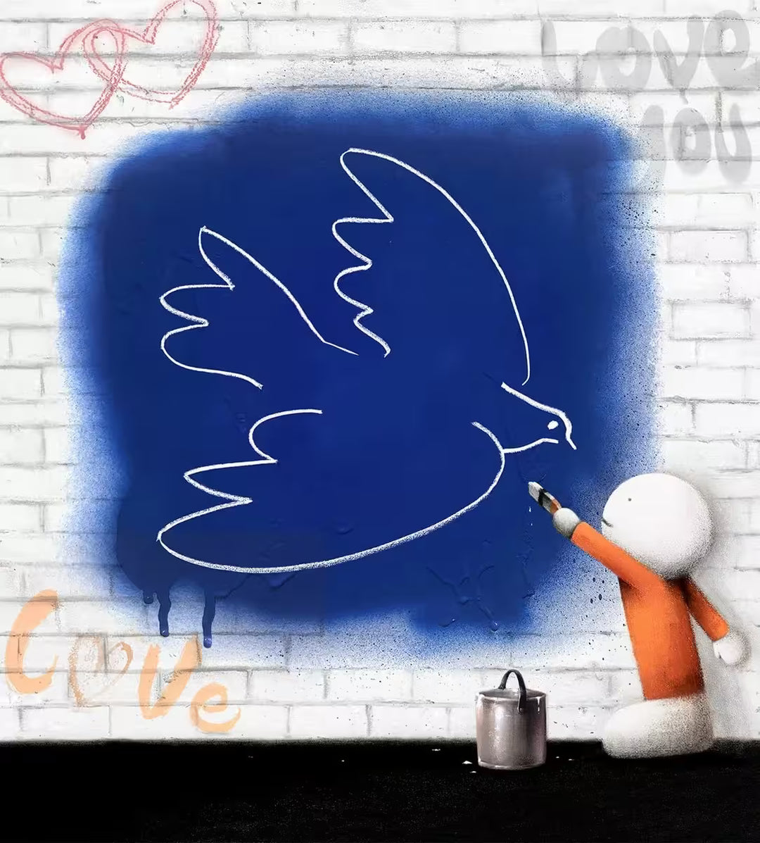 A Doug Hyde limited edition of a person in orange painting a white dove on a wall that has been spray painted blue, the title is Peace of Art