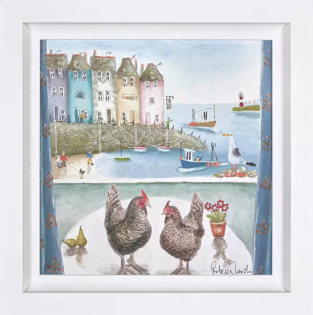 A Rebecca Lardner limited edition of a seaside town viewed from a window with two chickens on a table, the title is Pecking Order