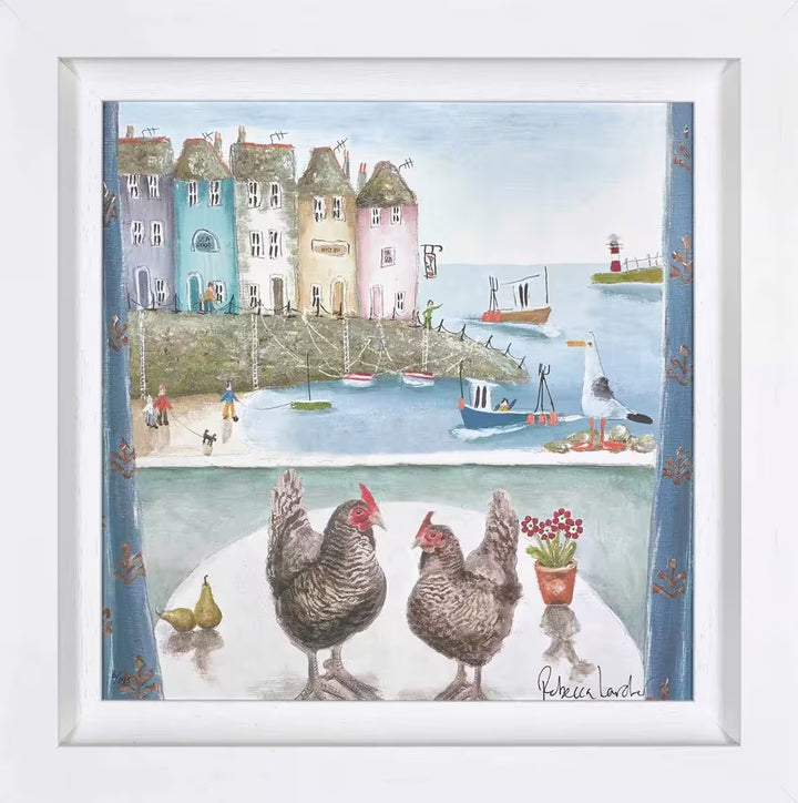 A Rebecca Lardner limited edition of a seaside town viewed from a window with two chickens on a table, the title is Pecking Order