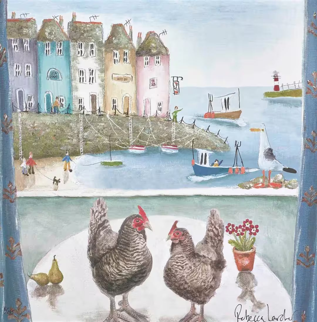 A Rebecca Lardner limited edition of a seaside town viewed from a window with two chickens on a table, the title is Pecking Order
