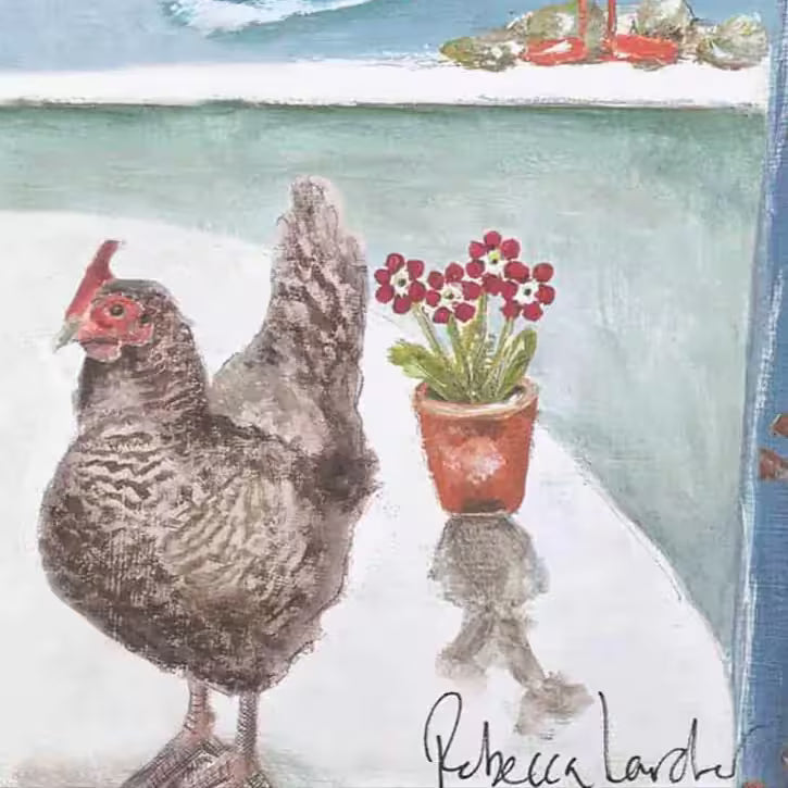 A Rebecca Lardner limited edition of a seaside town viewed from a window with two chickens on a table, the title is Pecking Order