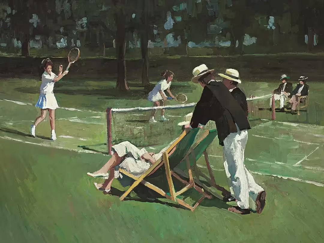 A Sherree Valentine Daines limited edition of a group of people playing and watching tennis, the title is Perfect Match