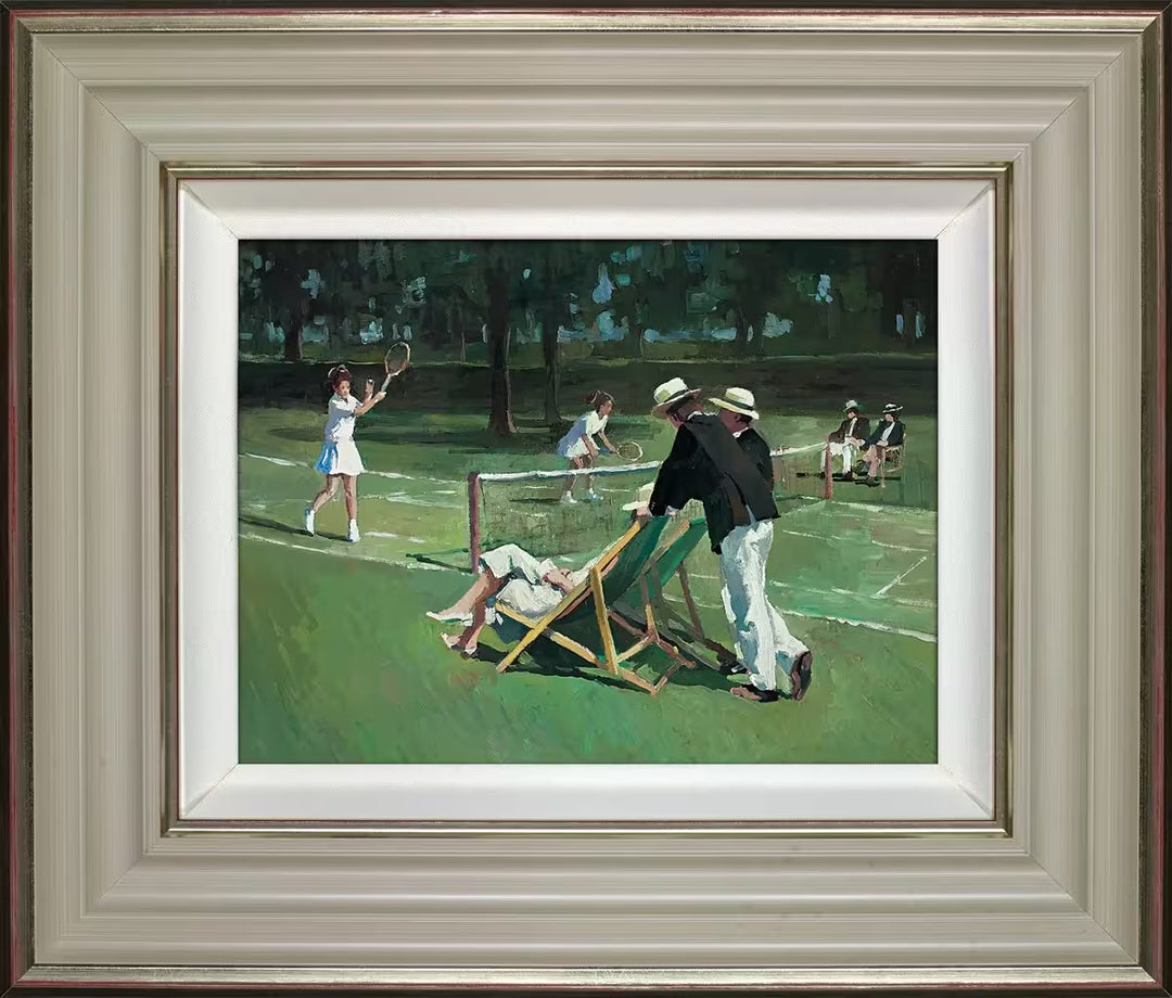 A Sherree Valentine Daines framed limited edition of a group of people playing and watching tennis, the title is Perfect Match