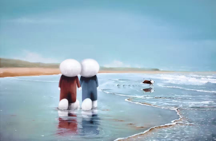 A Doug Hyde limited edition print of two people in red and blue walking on a beach holding hands with a dog running into the sea,  the title is Perfect Day