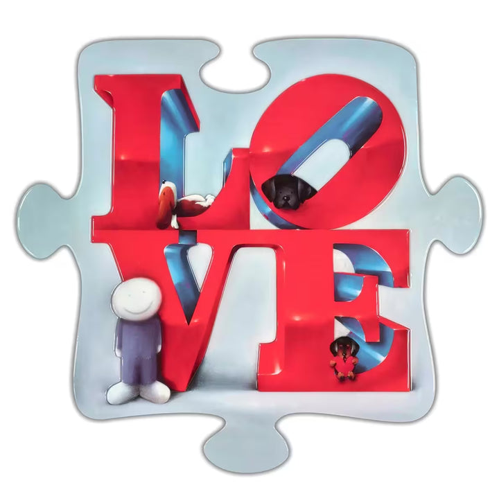 A Doug Hyde limited edition of a puzzle piece with the word 'LOVE' in red with three dogs scattered through the letters and a person in purple leant against the word, the title is Piece of Love