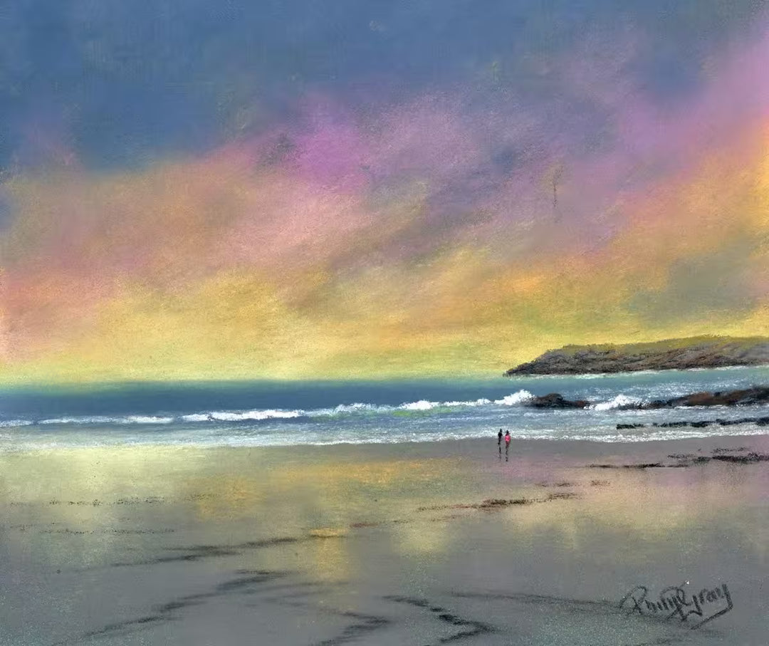 A Philip Gray original of a pink sunset and two people walking, the title is Pink Jacket on the Beach