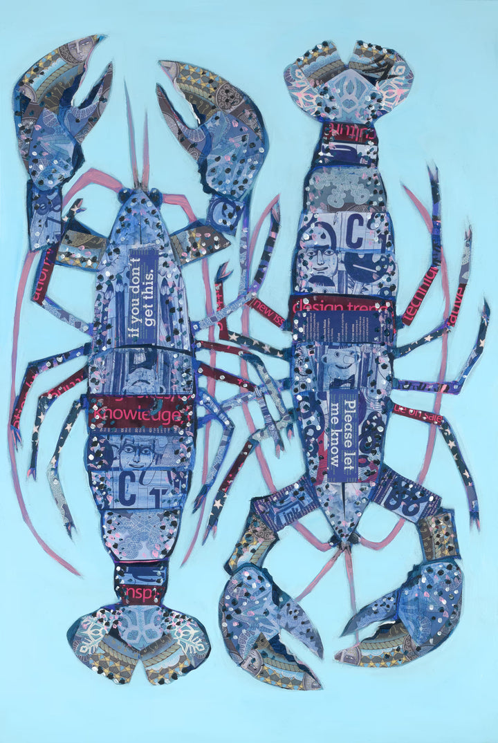 A Nicola Hart original of two blue lobsters on a blue background, the title is Please Let Me Know If You Don&