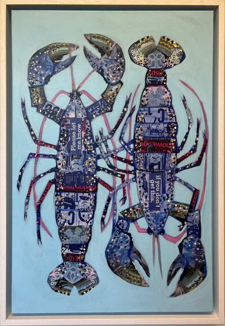 A Nicola Hart original of two blue lobsters on a blue background, the title is Please Let Me Know If You Don&
