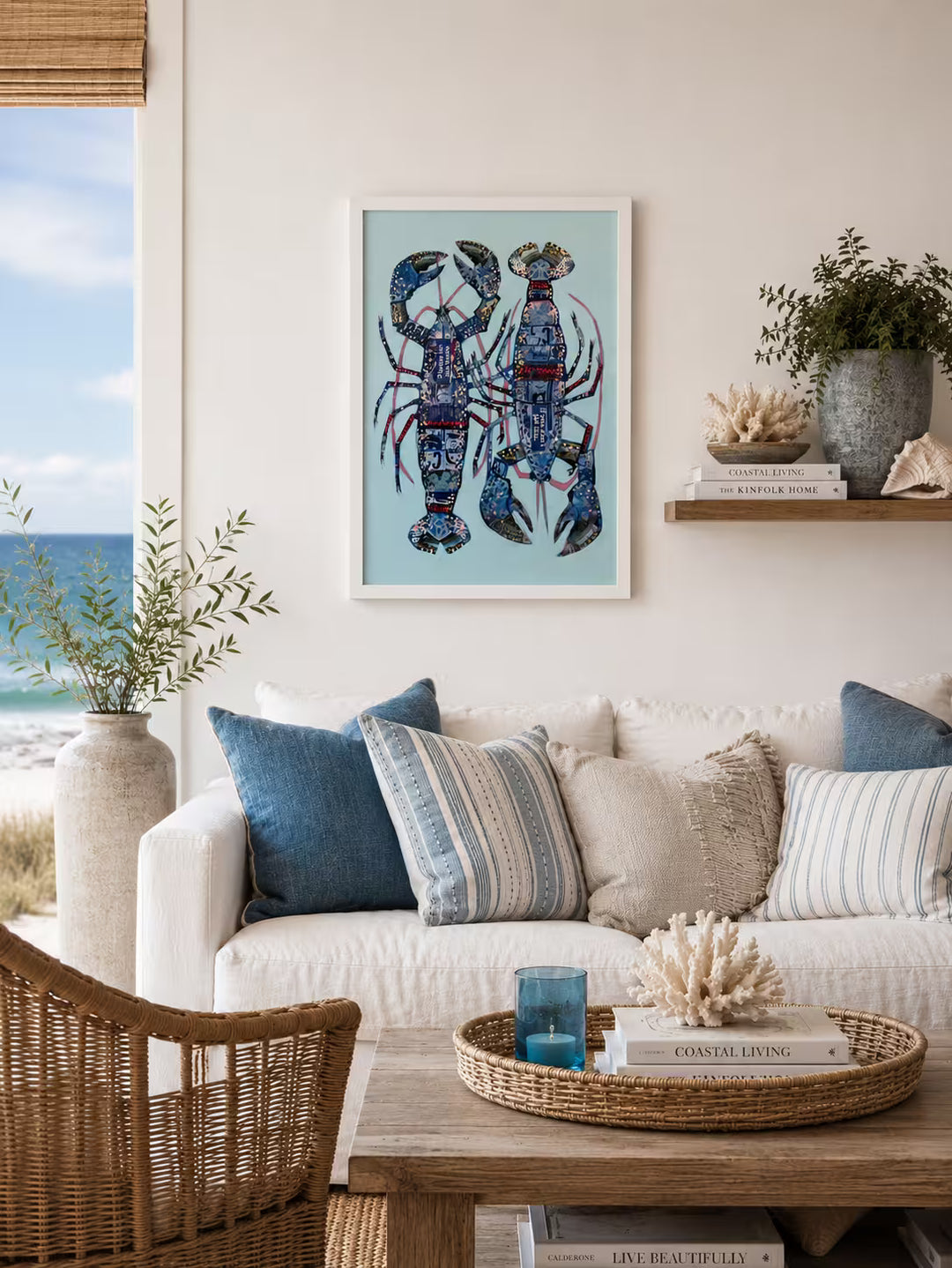 A Nicola Hart original of two blue lobsters on a blue background, the title is Please Let Me Know If You Don&