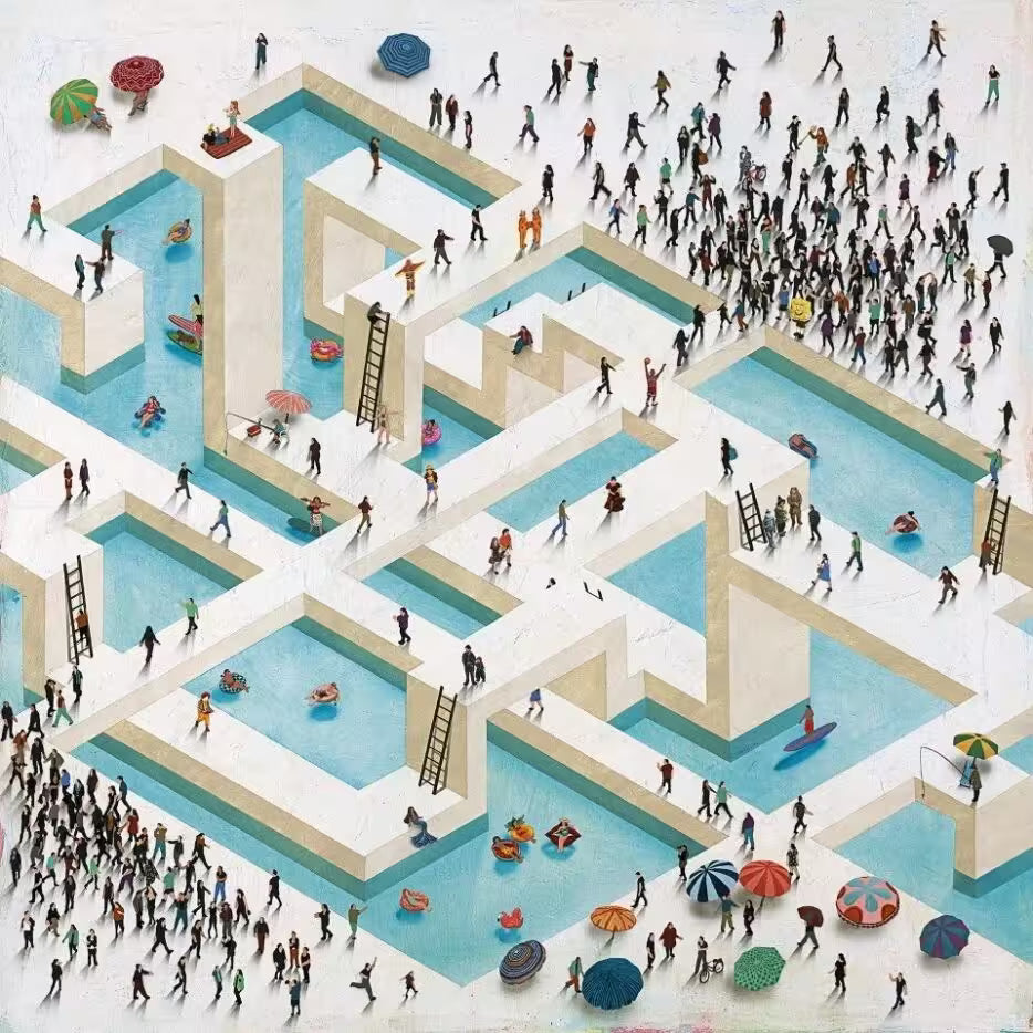 A Craig Alan limited edition of a large geometric pool with hundreds of little people all over it, the title is Pool Party