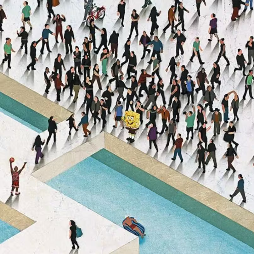 A Craig Alan limited edition of a large geometric pool with hundreds of little people all over it, the title is Pool Party