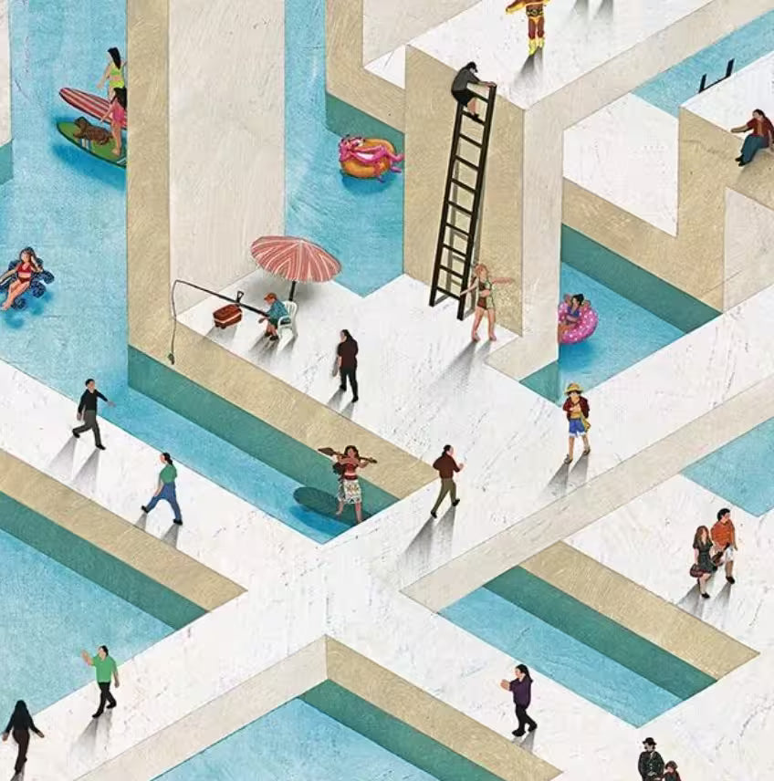 A Craig Alan limited edition of a large geometric pool with hundreds of little people all over it, the title is Pool Party