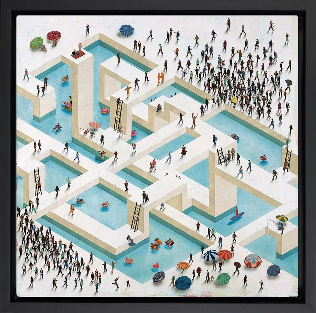 A Craig Alan limited edition of a large geometric pool with hundreds of little people all over it, the title is Pool Party