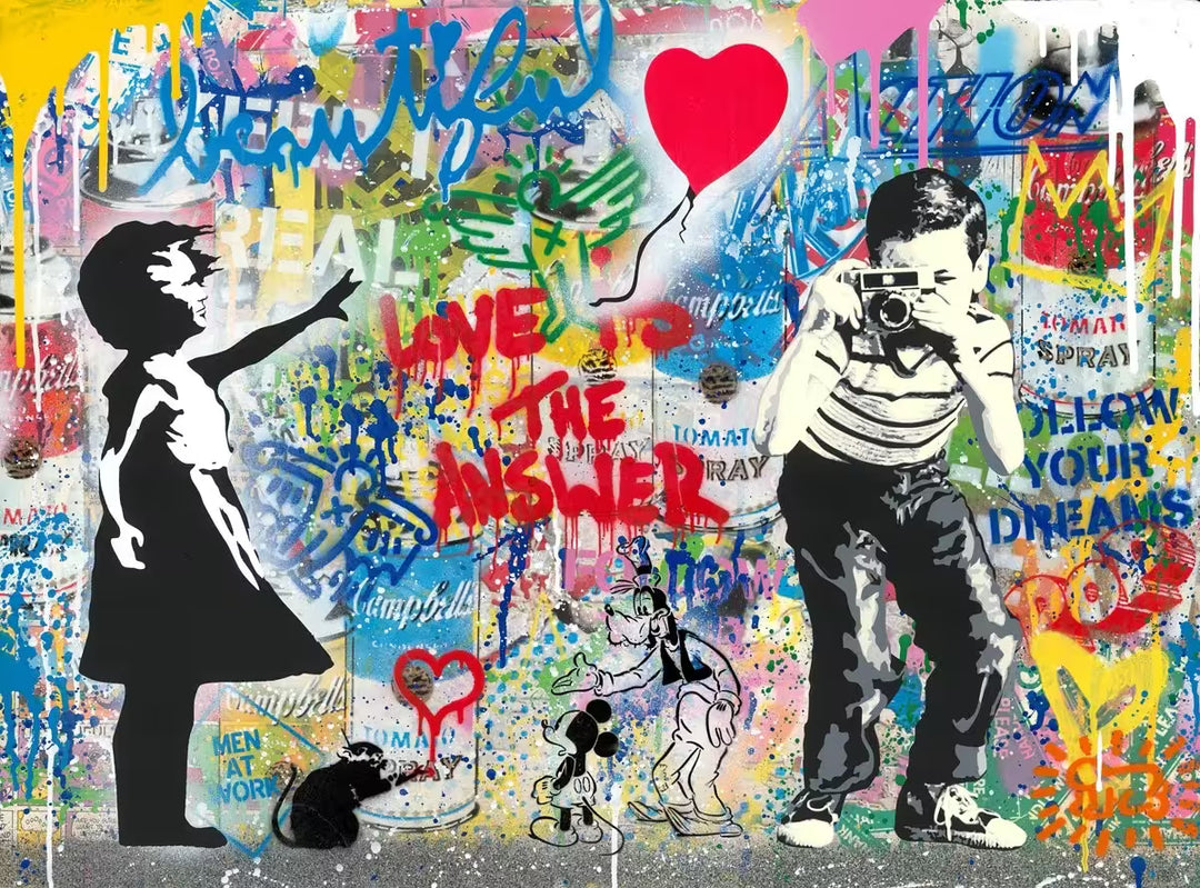 A Mr Brainwash original of a graffitied wall with lots of pop iconography including Banksy's girl with the balloon, the title is Pop Wall