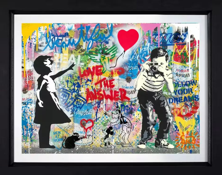A Mr Brainwash framed original of a graffitied wall with lots of pop iconography including Banksy&