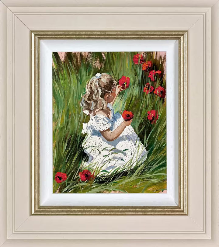 A Sherree Valentine Daines framed limited edition of a girl in a white dress kneeling picking poppies, the title is Poppy Daydream