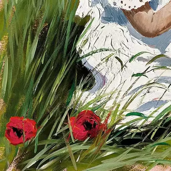 A Sherree Valentine Daines limited edition of a girl in a white dress kneeling picking poppies, the title is Poppy Daydream