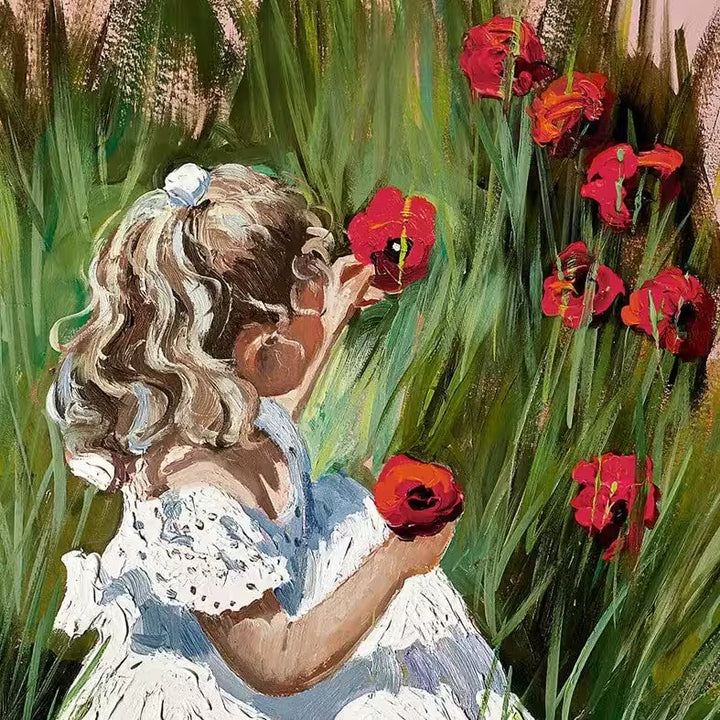 A Sherree Valentine Daines limited edition of a girl in a white dress kneeling picking poppies, the title is Poppy Daydream