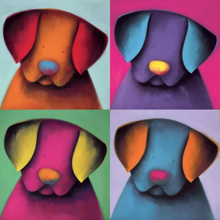 A Doug Hyde limited edition print of four panels of dogs in bright colours, the title is Poptastic