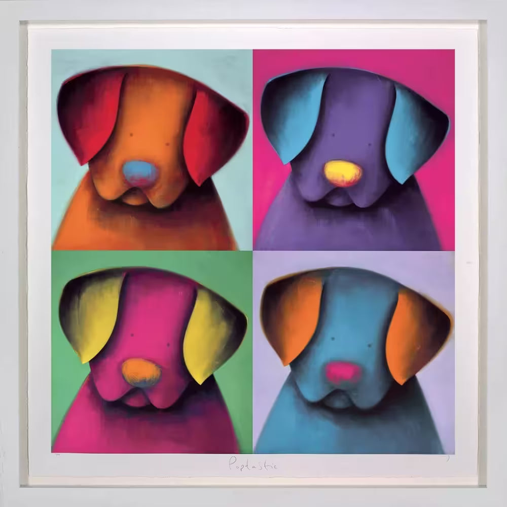 A Doug Hyde framed limited edition print of four panels of dogs in bright colours, the title is Poptastic