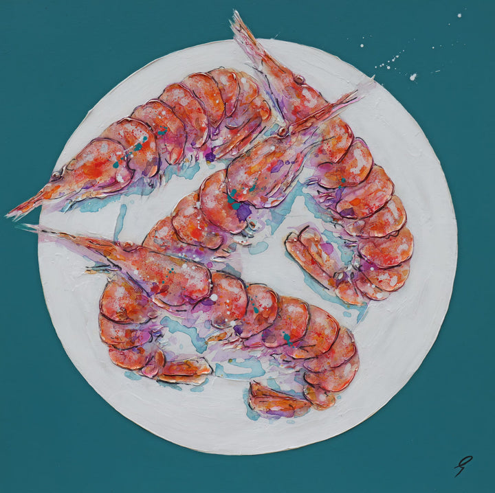 A Giles Ward original of four prawns on a plate, the title is Prawns Served Up