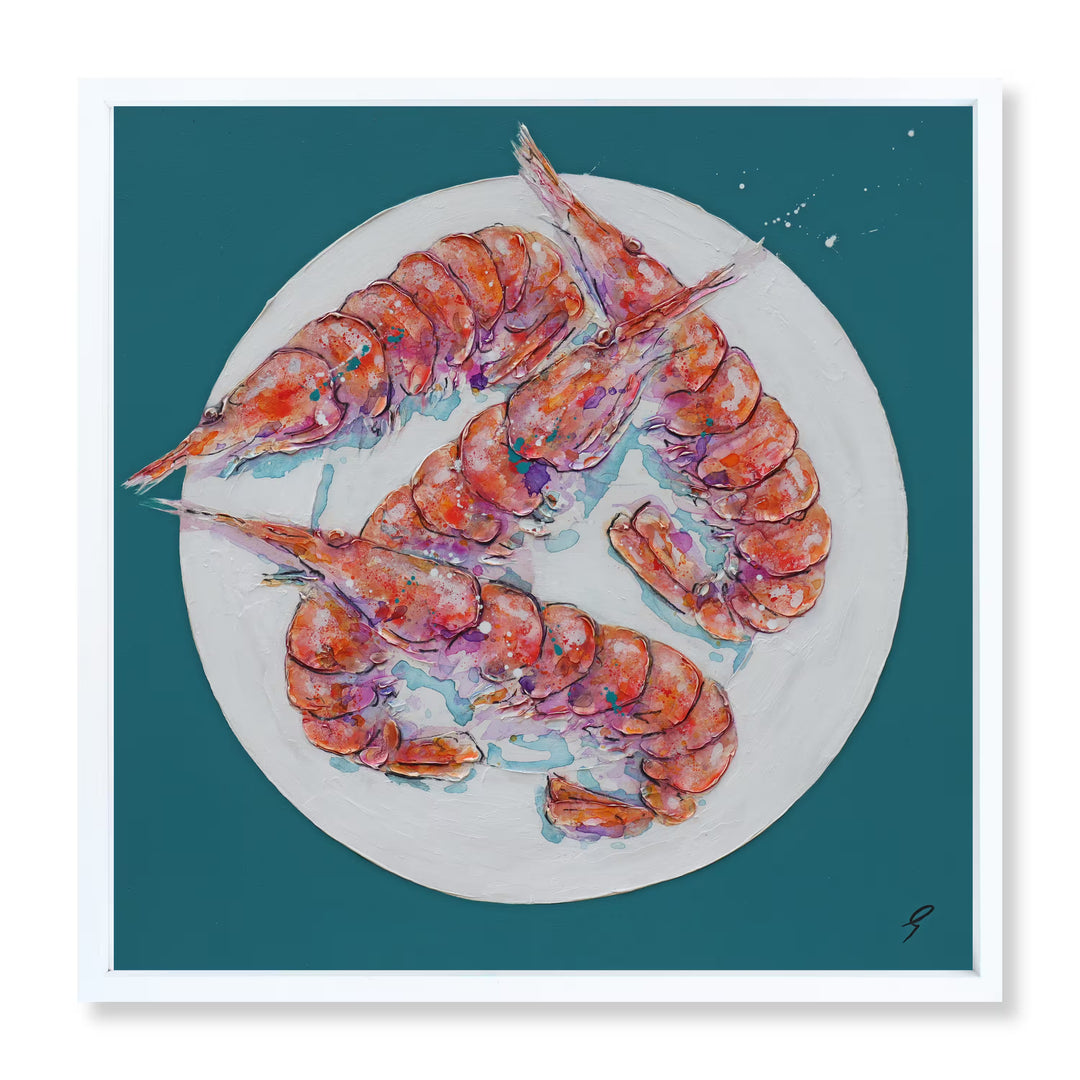 A Giles Ward original of four prawns on a plate, the title is Prawns Served Up