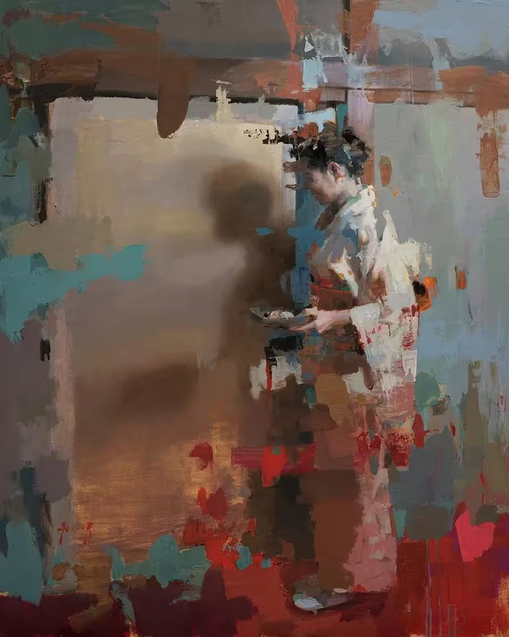 A limited edition piece by Christian Hook of a Geisha standing at a door holding a tray the image is distorted by colour, the title is Preparations For The Shokyakuby 