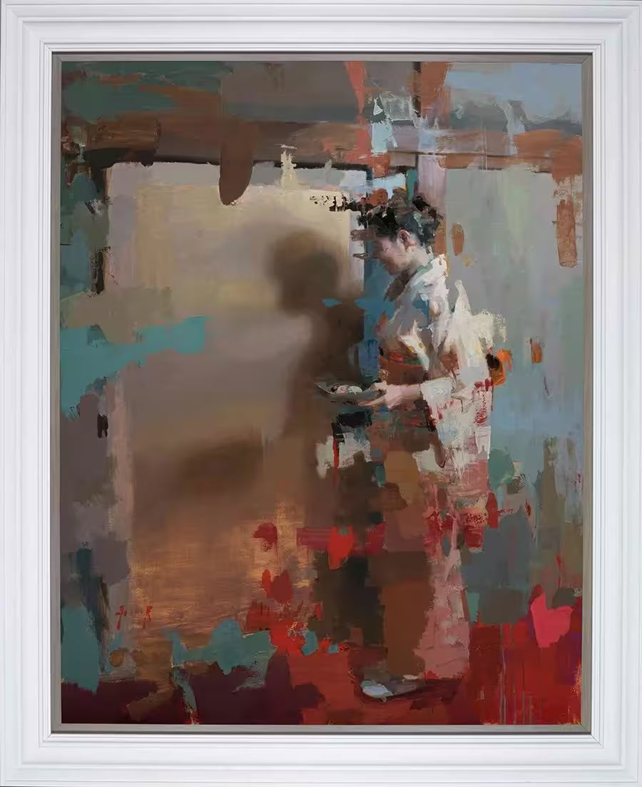 A framed limited edition piece by Christian Hook of a Geisha standing at a door holding a tray the image is distorted by colour, the title is Preparations For The Shokyakuby 