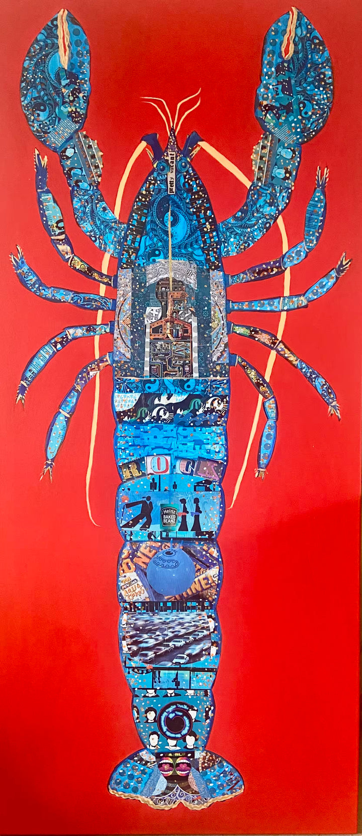 A Nicola Hart original collage of a big blue lobster against a red background, the title is Pretty Vacant