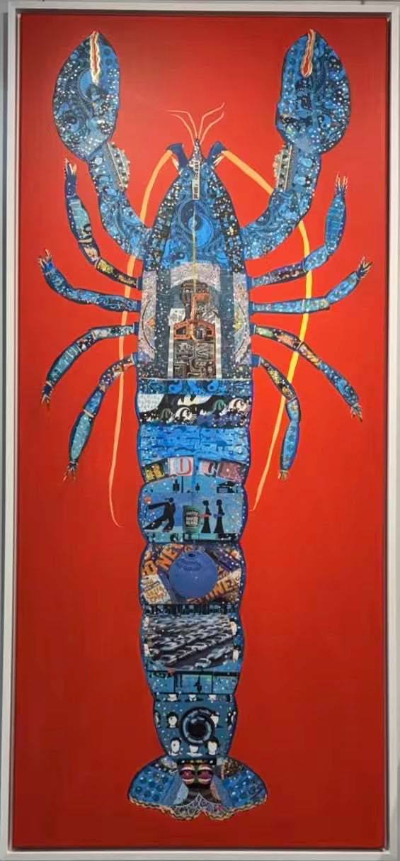 A Nicola Hart original collage of a big blue lobster against a red background, the title is Pretty Vacant