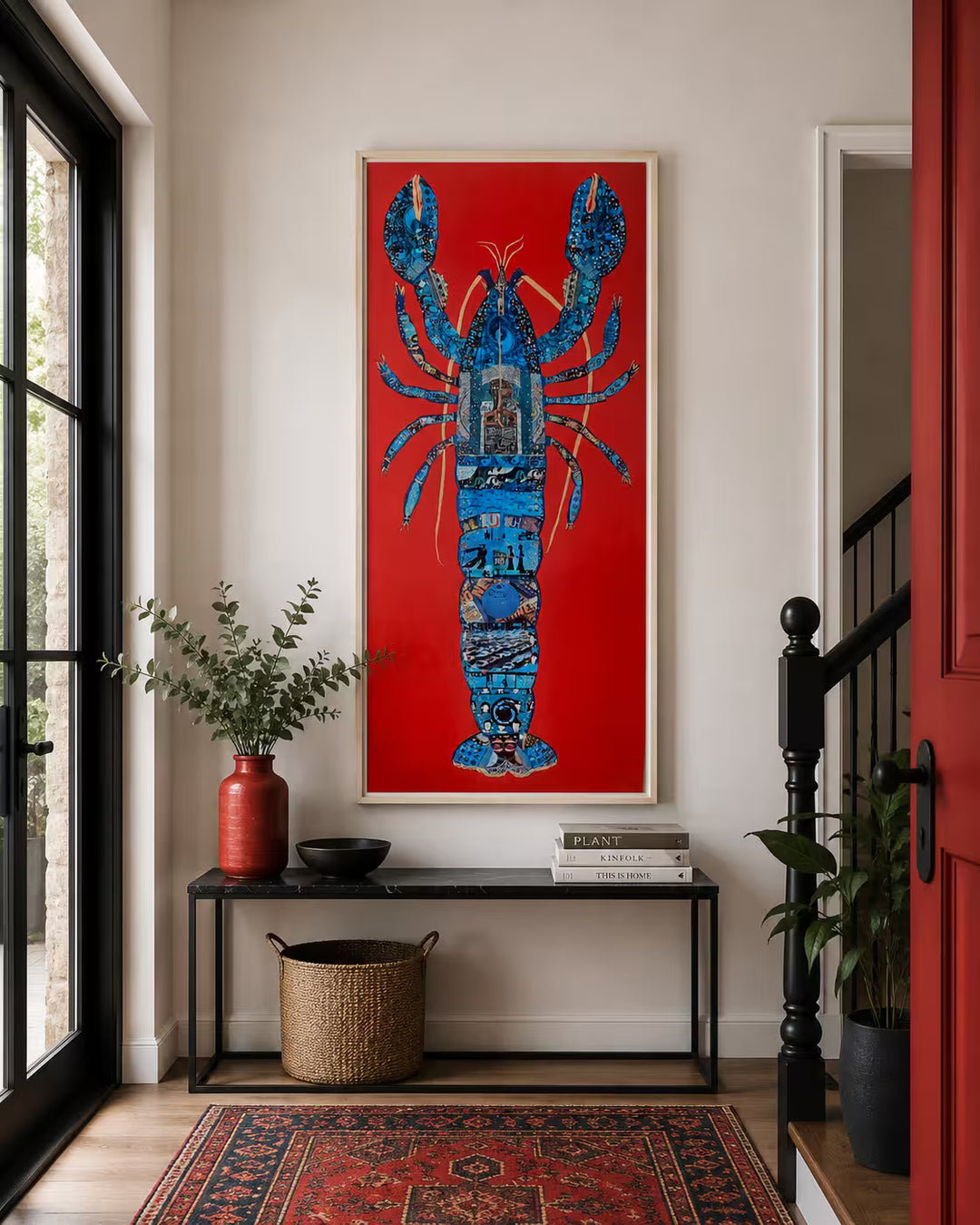 A Nicola Hart original collage of a big blue lobster against a red background, the title is Pretty Vacant