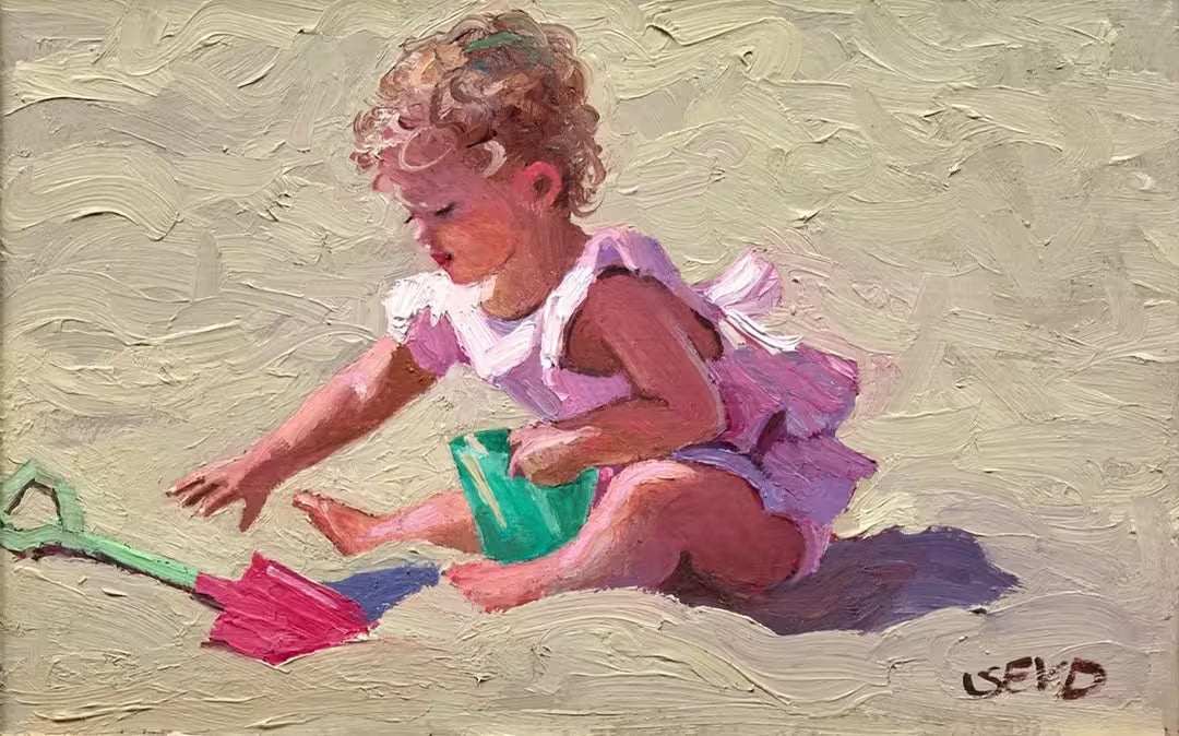A Sherree Valentine Daines original of a blonde baby with a pink swim set on playing in the sand, the title is Pretty in Pink