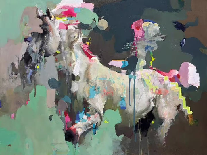 A limited edition piece by Christian Hook of a horse moving and distorted by bright colours, the title is Prompt