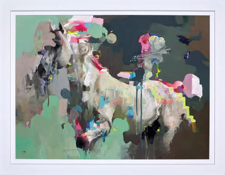 A framed limited edition piece by Christian Hook of a horse moving and distorted by bright colours, the title is Prompt