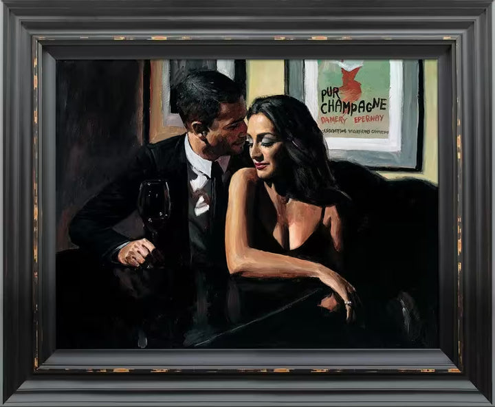 A Fabian Perez framed limited edition piece of a man and woman set next to each other sharing a drink, the title is Proposal at Hotel Du Vin