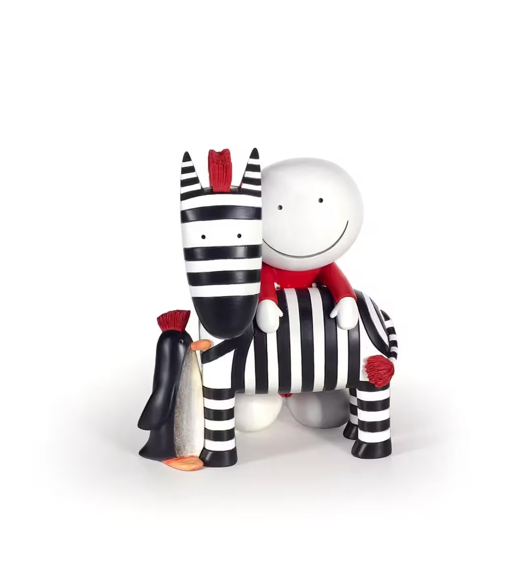 A sculpture by Doug Hyde of a person in red leaning on top of a zebra with a red mohawk and a penguin with a red mohawk, the title is Punk Rocker