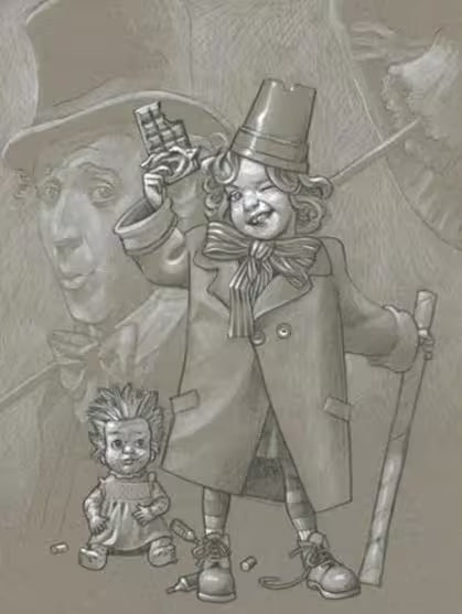 A Craig Davison original sketch of a child in a big coat and hat with a bar of chocolate with Willy Wonka behind them, the title is Pure Imagination