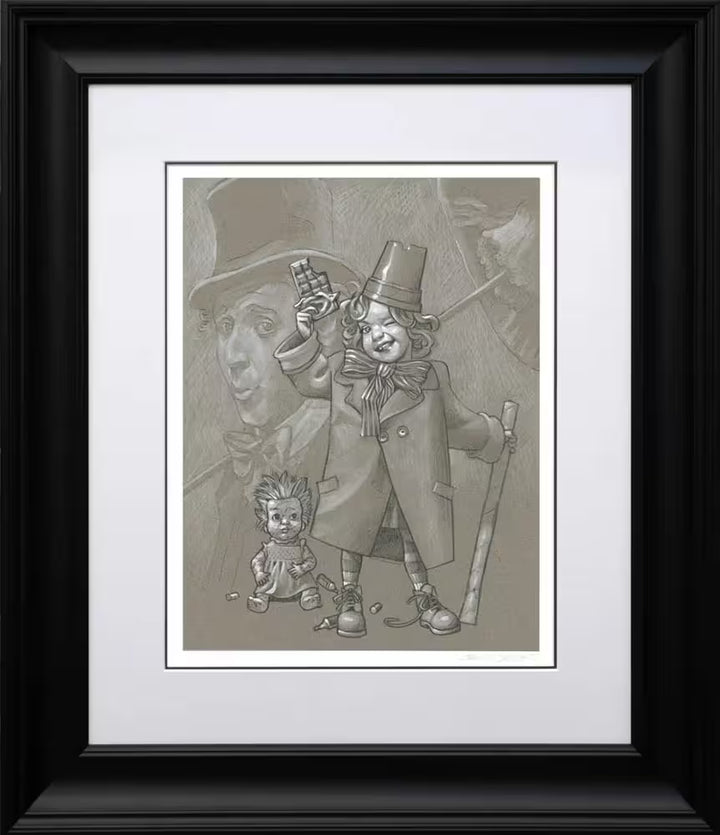 A Craig Davison original sketch of a child in a big coat and hat with a bar of chocolate with Willy Wonka behind them, the title is Pure Imagination