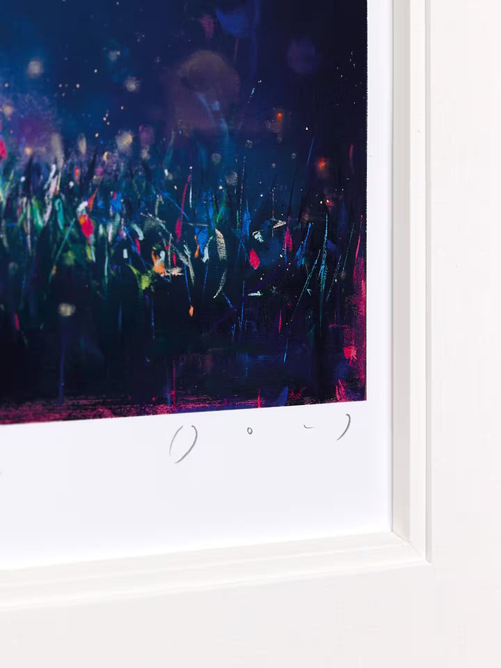 A Doug Hyde limited edition of a person letting go of glowing dust in the shape of a heart, the title is Pure Magic