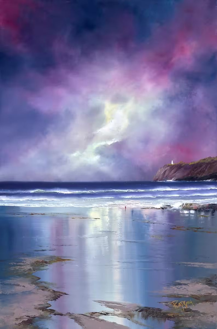 A Philip Gray Original of a shoreline with a deep twilight purple sky, the title is Purple Sky At The Beach