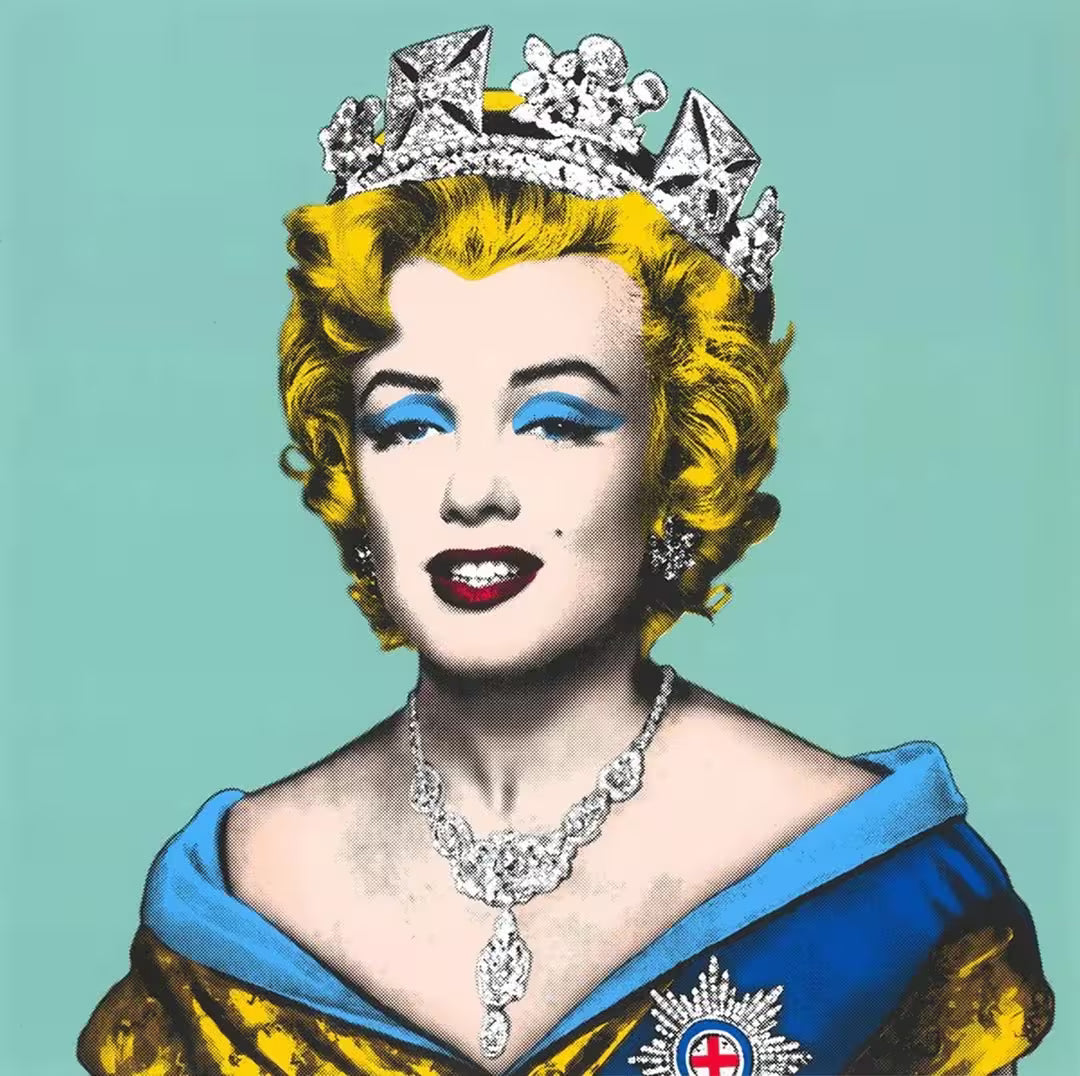 A Mr Brainwash limited edition of Marilyn Monroe in the crown jewels against a blue background, the title is Queen Marilyn (Blue)