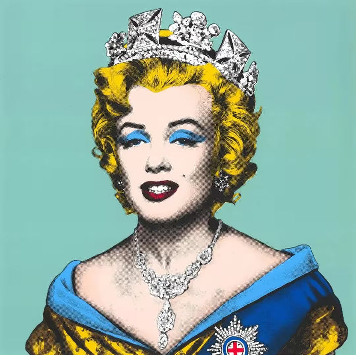 A Mr Brainwash limited edition of Marilyn Monroe in the crown jewels against a blue background, the title is Queen Marilyn (Blue)