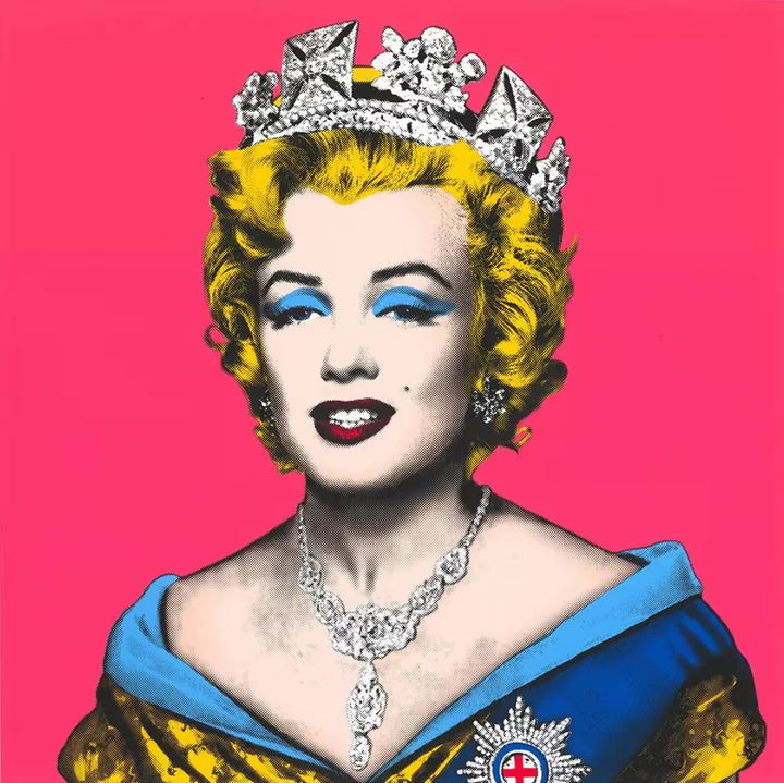 A Mr Brainwash limited edition of Marilyn Monroe in the crown jewels against a pink background, the title is Queen Marilyn (Pink)